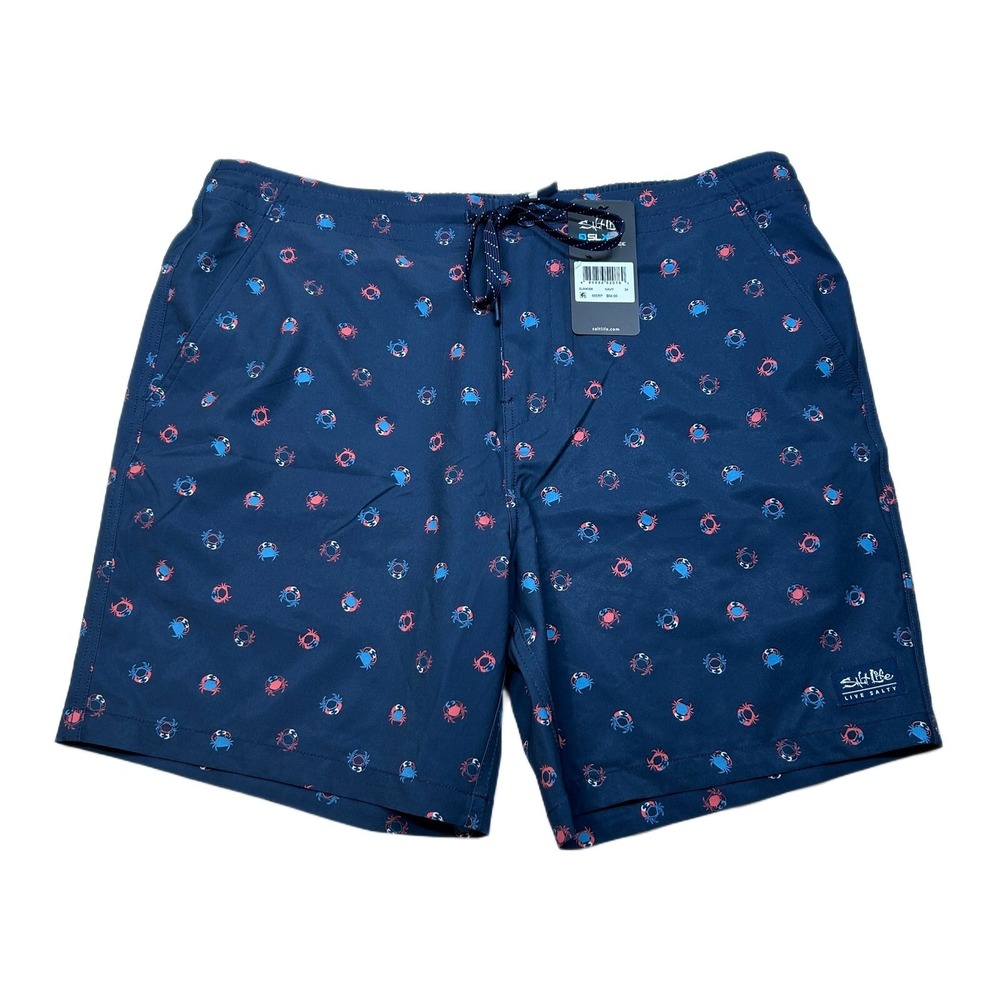 Salt Life Get Crabby Performance Walk Shorts Mens 34‎ Navy Blue Drawstring NEW